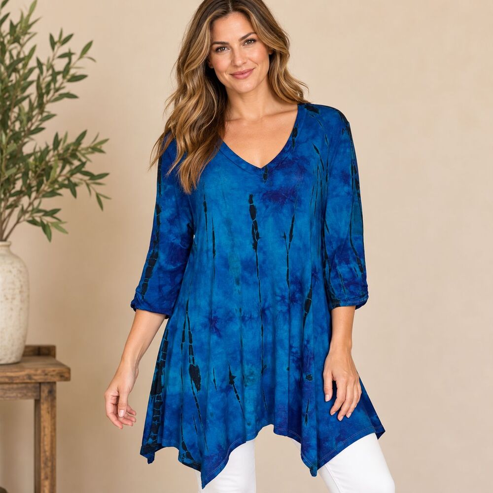 Pure Intent Tie Dye Tunic Top Blue V Neck Sharkbite Hem 3/4 Sleeve Made USA